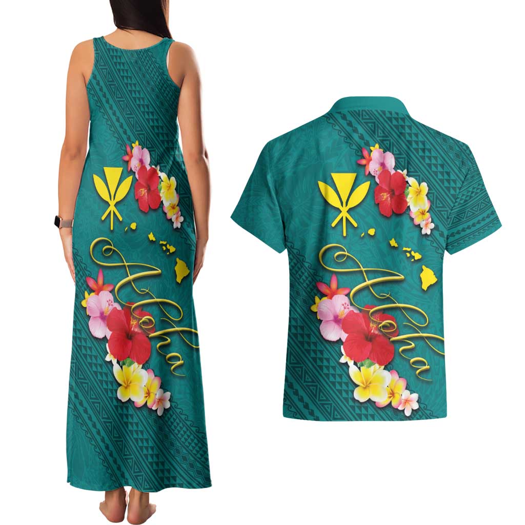 Aloha Kanaka Maoli Hawaii Flowers Couples Matching Tank Maxi Dress and Hawaiian Shirt With Polynesian Pattern Teal Color LT03 - Polynesian Pride