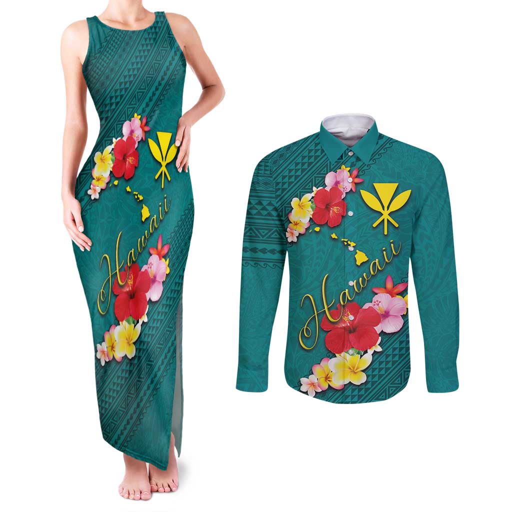 Aloha Kanaka Maoli Hawaii Flowers Couples Matching Tank Maxi Dress and Long Sleeve Button Shirt With Polynesian Pattern Teal Color LT03 Teal - Polynesian Pride