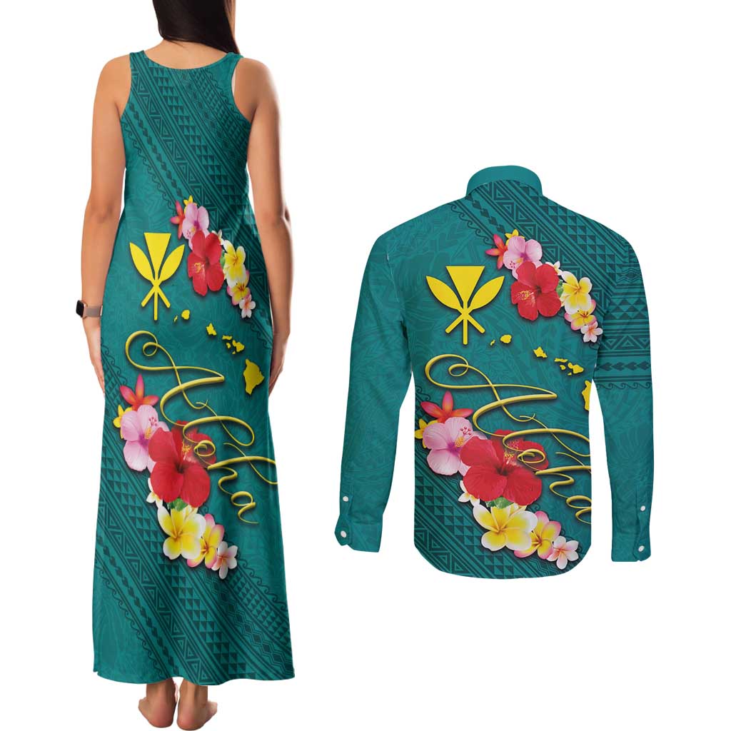 Aloha Kanaka Maoli Hawaii Flowers Couples Matching Tank Maxi Dress and Long Sleeve Button Shirt With Polynesian Pattern Teal Color LT03 - Polynesian Pride