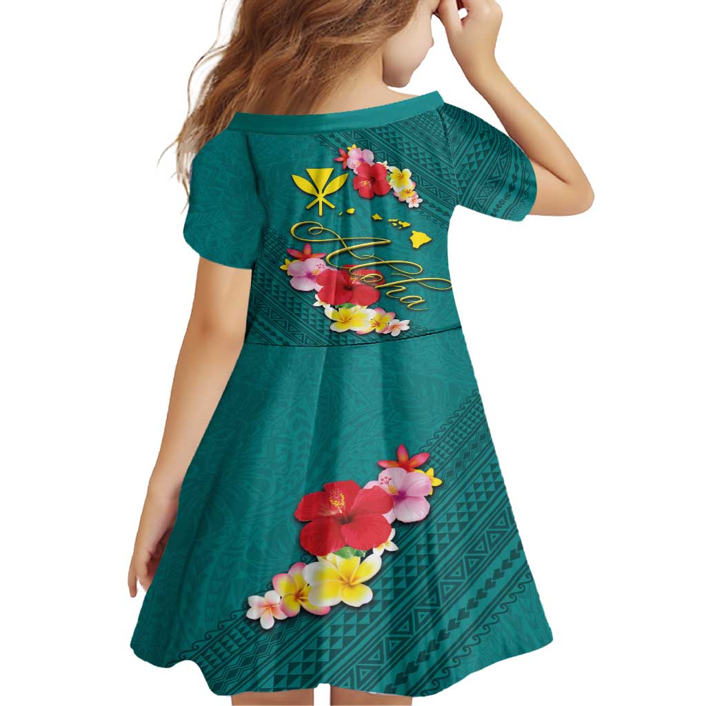 Aloha Kanaka Maoli Hawaii Flowers Family Matching Long Sleeve Bodycon Dress and Hawaiian Shirt With Polynesian Pattern Teal Color LT03 - Polynesian Pride