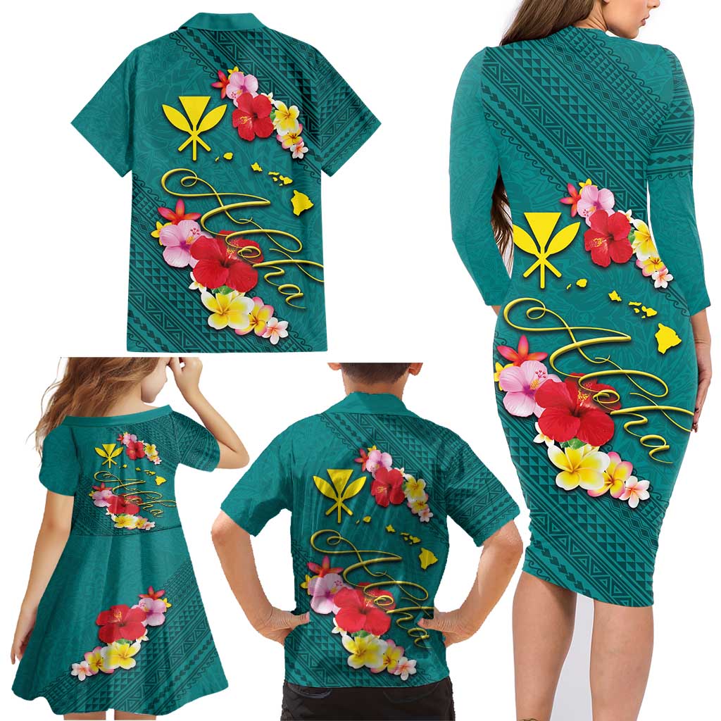 Aloha Kanaka Maoli Hawaii Flowers Family Matching Long Sleeve Bodycon Dress and Hawaiian Shirt With Polynesian Pattern Teal Color LT03 - Polynesian Pride