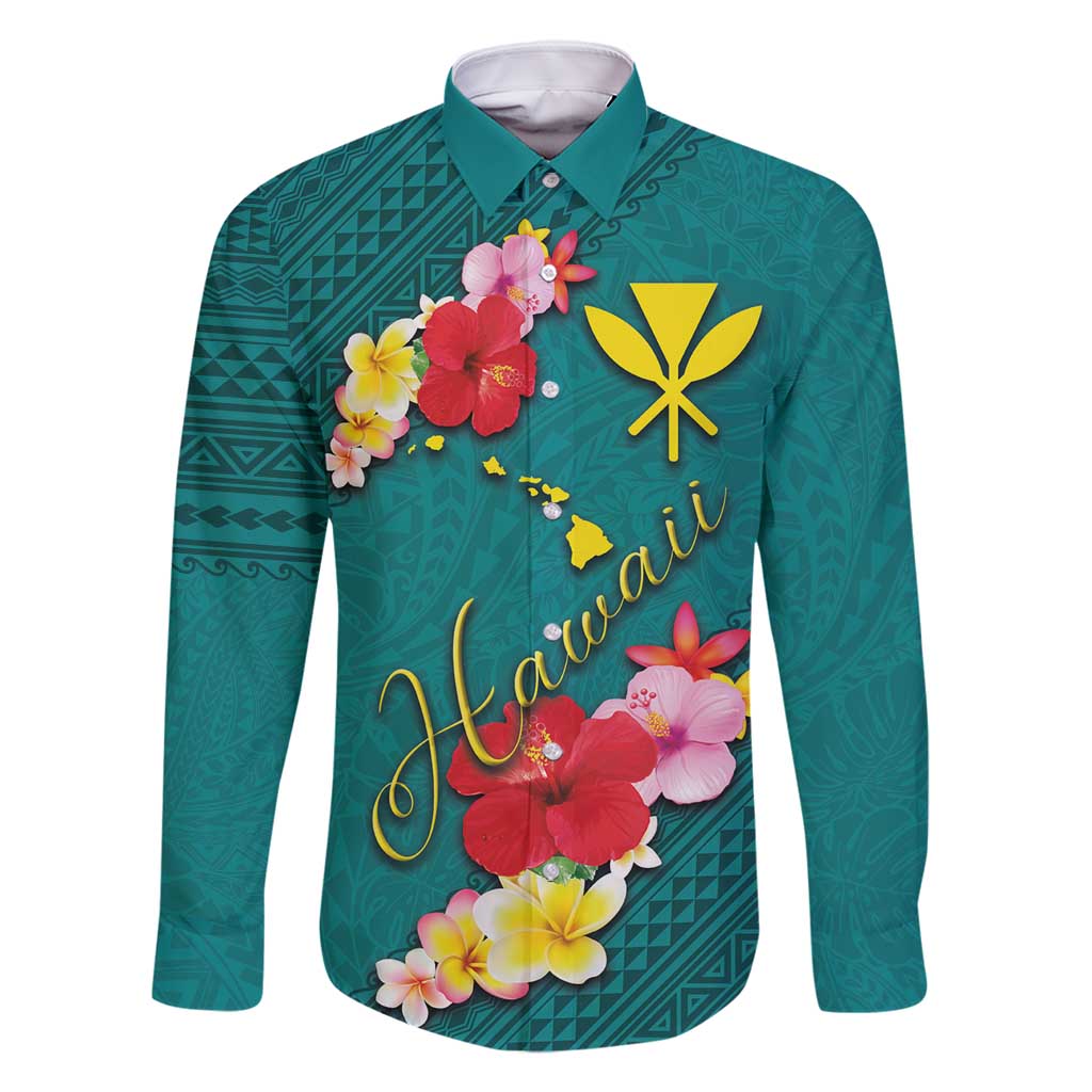Aloha Kanaka Maoli Hawaii Flowers Family Matching Long Sleeve Bodycon Dress and Hawaiian Shirt With Polynesian Pattern Teal Color LT03 Dad's Shirt - Long Sleeve Teal - Polynesian Pride