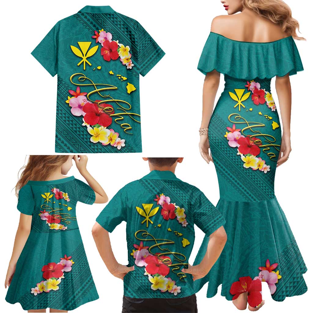 Aloha Kanaka Maoli Hawaii Flowers Family Matching Mermaid Dress and Hawaiian Shirt With Polynesian Pattern Teal Color LT03 - Polynesian Pride