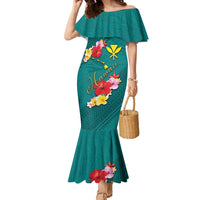 Aloha Kanaka Maoli Hawaii Flowers Family Matching Mermaid Dress and Hawaiian Shirt With Polynesian Pattern Teal Color LT03 Mom's Dress Teal - Polynesian Pride