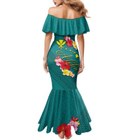 Aloha Kanaka Maoli Hawaii Flowers Family Matching Mermaid Dress and Hawaiian Shirt With Polynesian Pattern Teal Color LT03 - Polynesian Pride