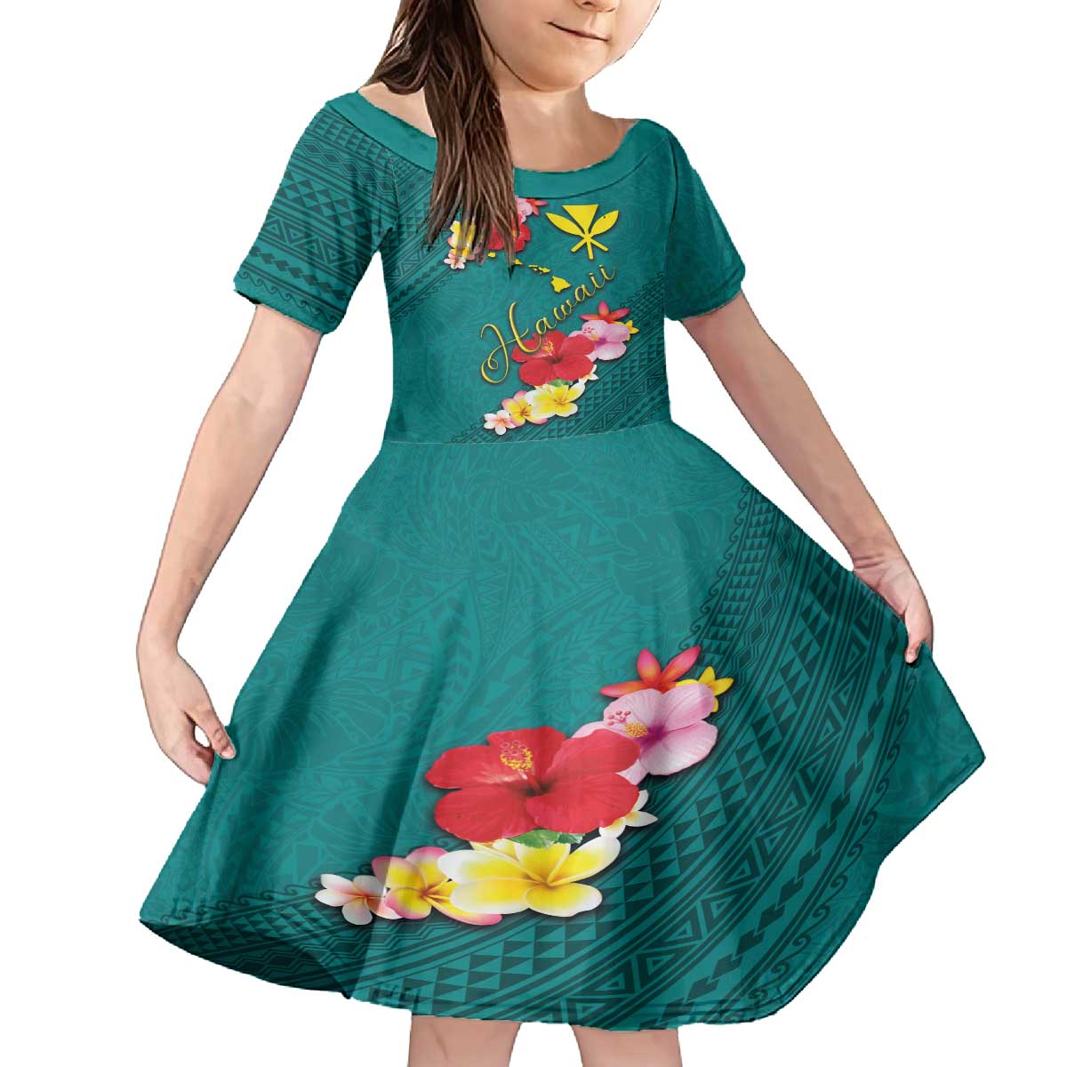 Aloha Kanaka Maoli Hawaii Flowers Family Matching Off The Shoulder Long Sleeve Dress and Hawaiian Shirt With Polynesian Pattern Teal Color LT03 Daughter's Dress Teal - Polynesian Pride