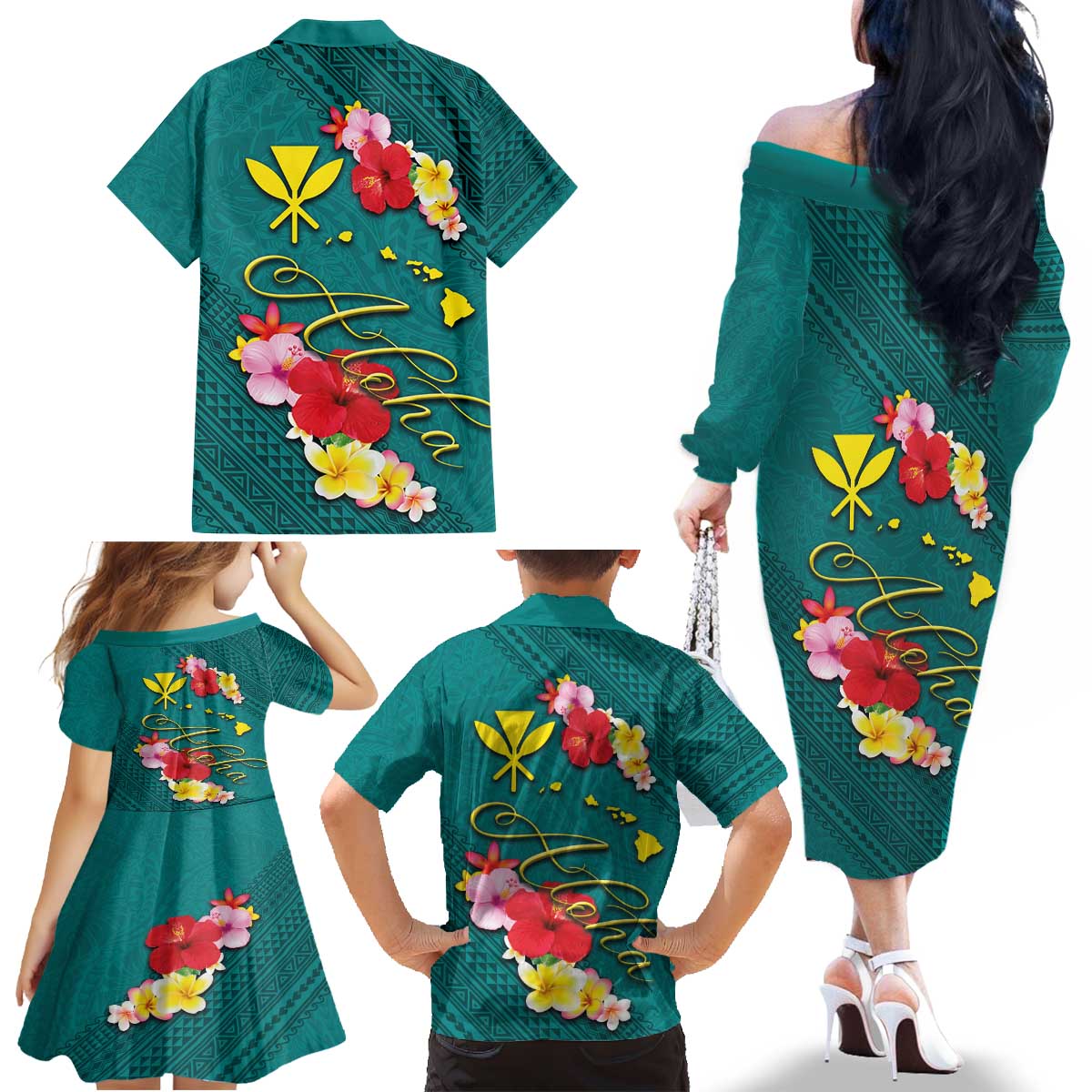 Aloha Kanaka Maoli Hawaii Flowers Family Matching Off The Shoulder Long Sleeve Dress and Hawaiian Shirt With Polynesian Pattern Teal Color LT03 - Polynesian Pride