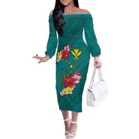 Aloha Kanaka Maoli Hawaii Flowers Family Matching Off The Shoulder Long Sleeve Dress and Hawaiian Shirt With Polynesian Pattern Teal Color LT03 Mom's Dress Teal - Polynesian Pride