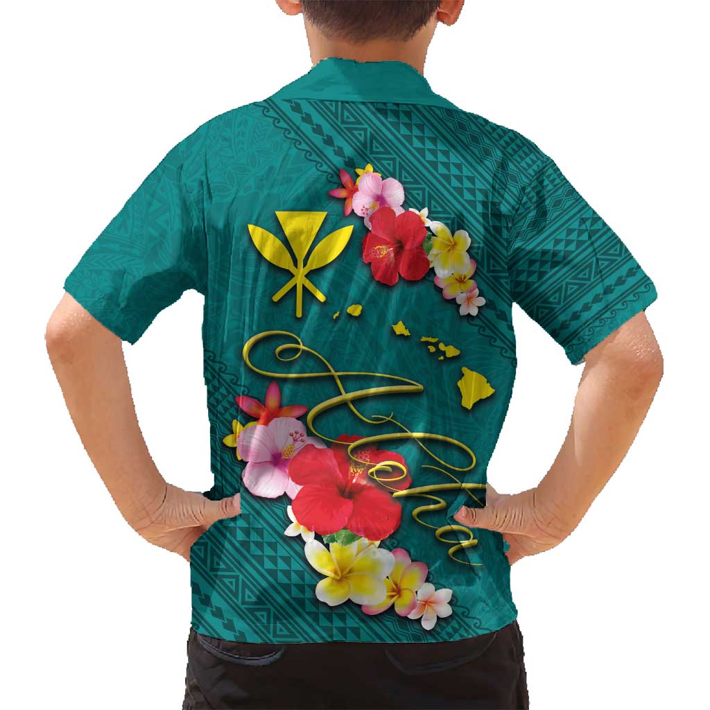 Aloha Kanaka Maoli Hawaii Flowers Family Matching Off Shoulder Maxi Dress and Hawaiian Shirt With Polynesian Pattern Teal Color LT03 - Polynesian Pride
