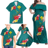 Aloha Kanaka Maoli Hawaii Flowers Family Matching Off Shoulder Maxi Dress and Hawaiian Shirt With Polynesian Pattern Teal Color LT03 - Polynesian Pride