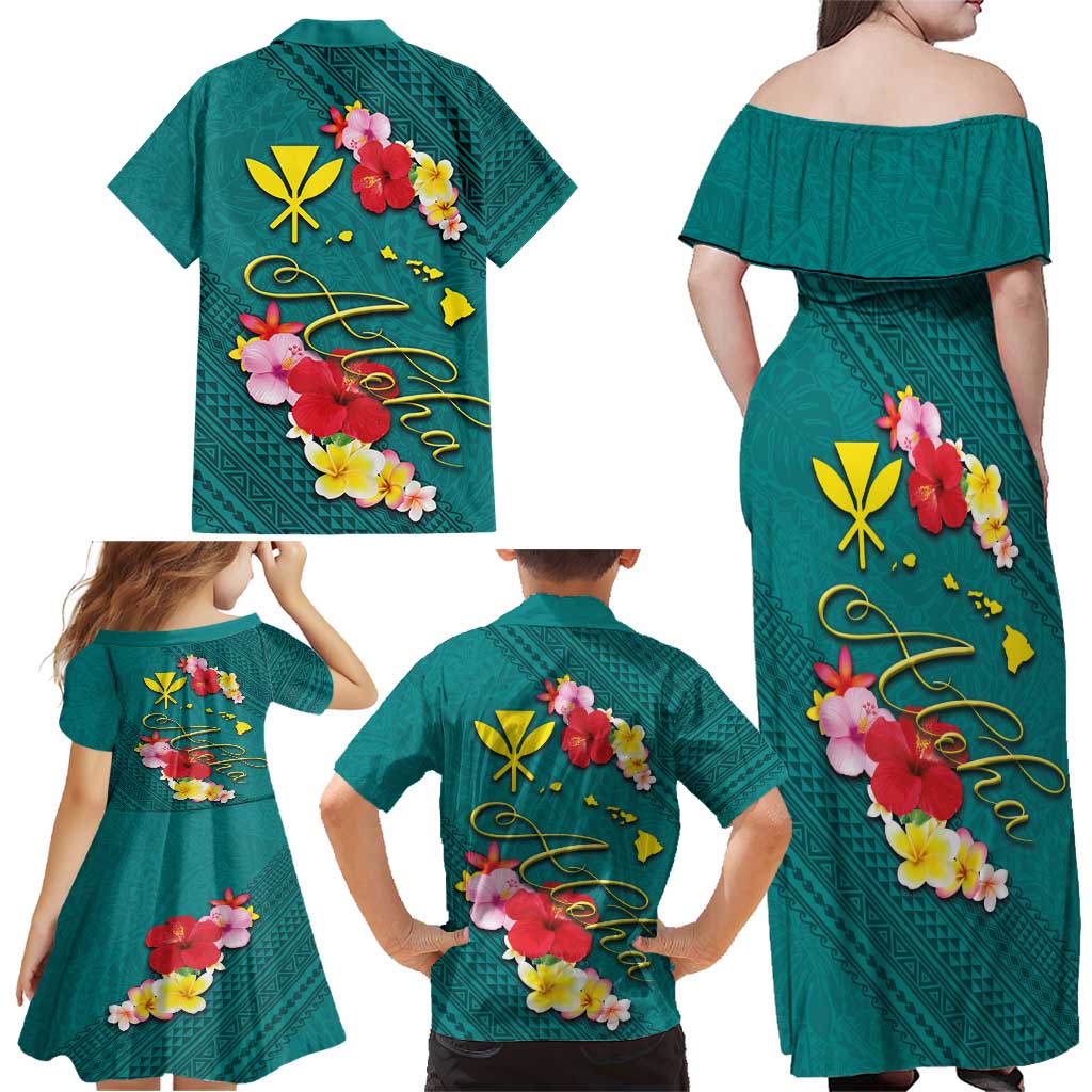 Aloha Kanaka Maoli Hawaii Flowers Family Matching Off Shoulder Maxi Dress and Hawaiian Shirt With Polynesian Pattern Teal Color LT03 - Polynesian Pride