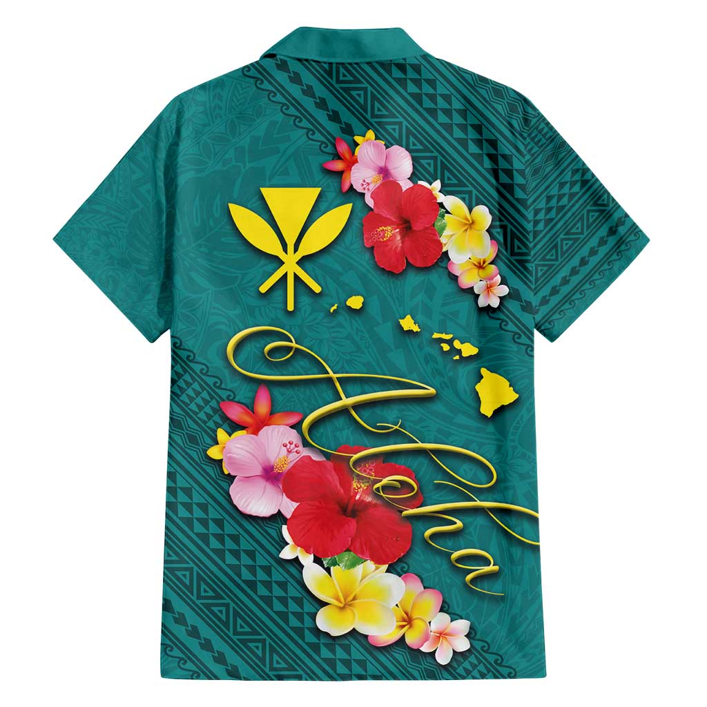 Aloha Kanaka Maoli Hawaii Flowers Family Matching Off Shoulder Maxi Dress and Hawaiian Shirt With Polynesian Pattern Teal Color LT03 - Polynesian Pride