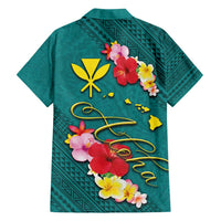 Aloha Kanaka Maoli Hawaii Flowers Family Matching Off Shoulder Maxi Dress and Hawaiian Shirt With Polynesian Pattern Teal Color LT03 - Polynesian Pride