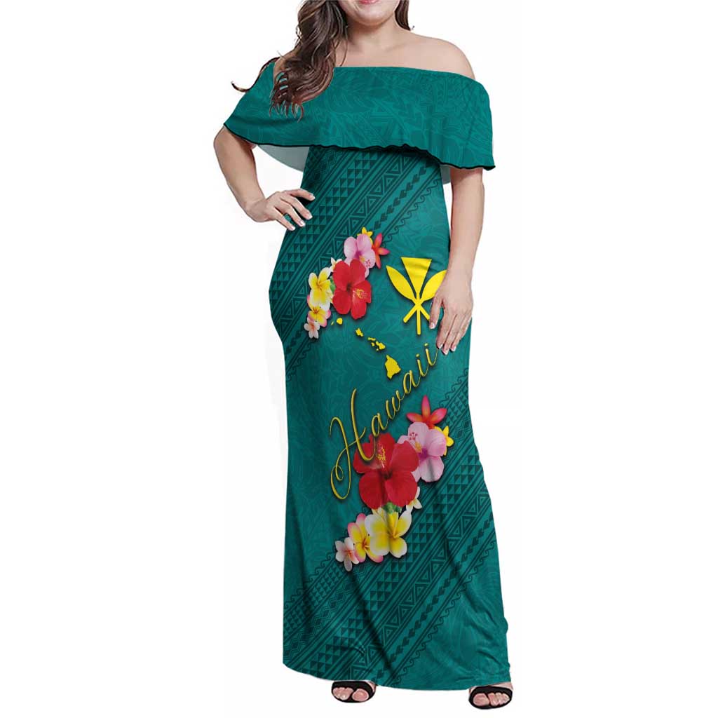 Aloha Kanaka Maoli Hawaii Flowers Family Matching Off Shoulder Maxi Dress and Hawaiian Shirt With Polynesian Pattern Teal Color LT03 Mom's Dress Teal - Polynesian Pride