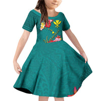 Aloha Kanaka Maoli Hawaii Flowers Family Matching Off Shoulder Short Dress and Hawaiian Shirt With Polynesian Pattern Teal Color LT03 Daughter's Dress Teal - Polynesian Pride