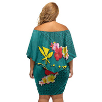 Aloha Kanaka Maoli Hawaii Flowers Family Matching Off Shoulder Short Dress and Hawaiian Shirt With Polynesian Pattern Teal Color LT03 - Polynesian Pride
