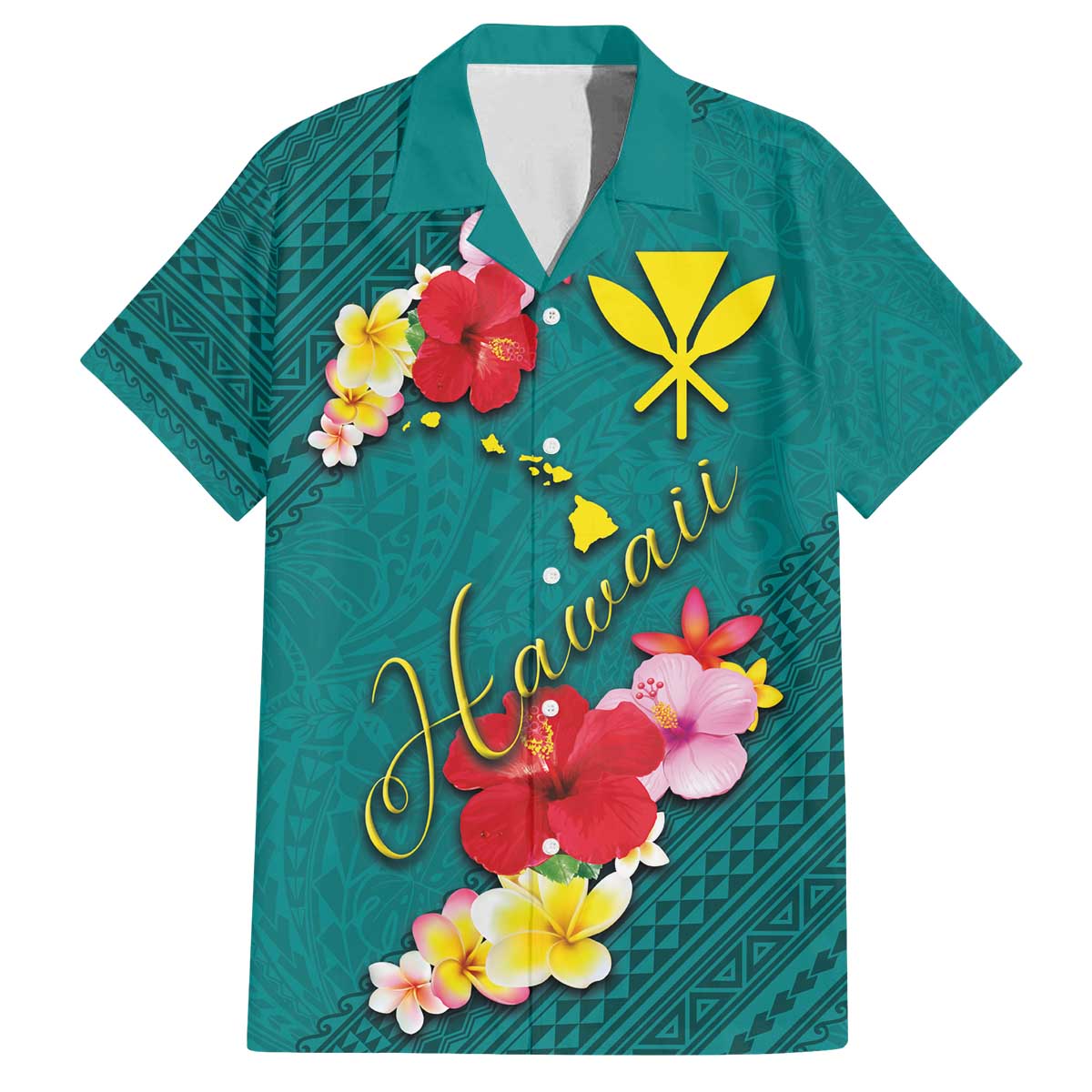 Aloha Kanaka Maoli Hawaii Flowers Family Matching Puletasi and Hawaiian Shirt With Polynesian Pattern Teal Color LT03 Dad's Shirt - Short Sleeve Teal - Polynesian Pride