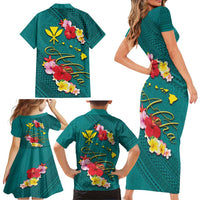 Aloha Kanaka Maoli Hawaii Flowers Family Matching Short Sleeve Bodycon Dress and Hawaiian Shirt With Polynesian Pattern Teal Color LT03 - Polynesian Pride