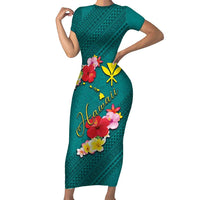 Aloha Kanaka Maoli Hawaii Flowers Family Matching Short Sleeve Bodycon Dress and Hawaiian Shirt With Polynesian Pattern Teal Color LT03 Mom's Dress Teal - Polynesian Pride