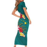 Aloha Kanaka Maoli Hawaii Flowers Family Matching Short Sleeve Bodycon Dress and Hawaiian Shirt With Polynesian Pattern Teal Color LT03 - Polynesian Pride
