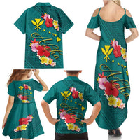 Aloha Kanaka Maoli Hawaii Flowers Family Matching Summer Maxi Dress and Hawaiian Shirt With Polynesian Pattern Teal Color LT03 - Polynesian Pride