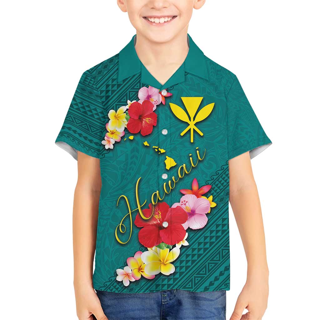 Aloha Kanaka Maoli Hawaii Flowers Family Matching Summer Maxi Dress and Hawaiian Shirt With Polynesian Pattern Teal Color LT03 Son's Shirt Teal - Polynesian Pride