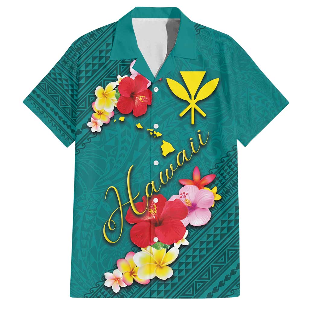 Aloha Kanaka Maoli Hawaii Flowers Family Matching Tank Maxi Dress and Hawaiian Shirt With Polynesian Pattern Teal Color LT03 Dad's Shirt - Short Sleeve Teal - Polynesian Pride