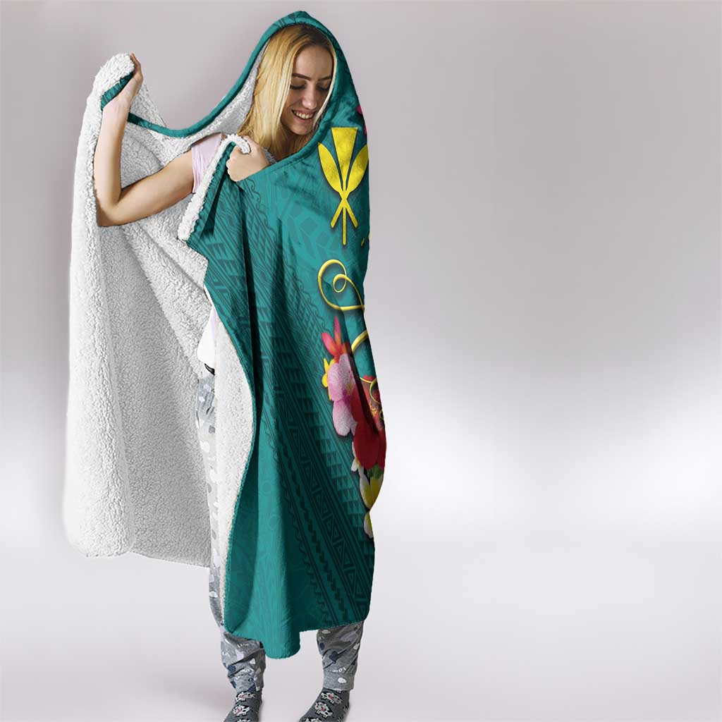 Aloha Kanaka Maoli Hawaii Flowers Hooded Blanket With Polynesian Pattern Teal Color