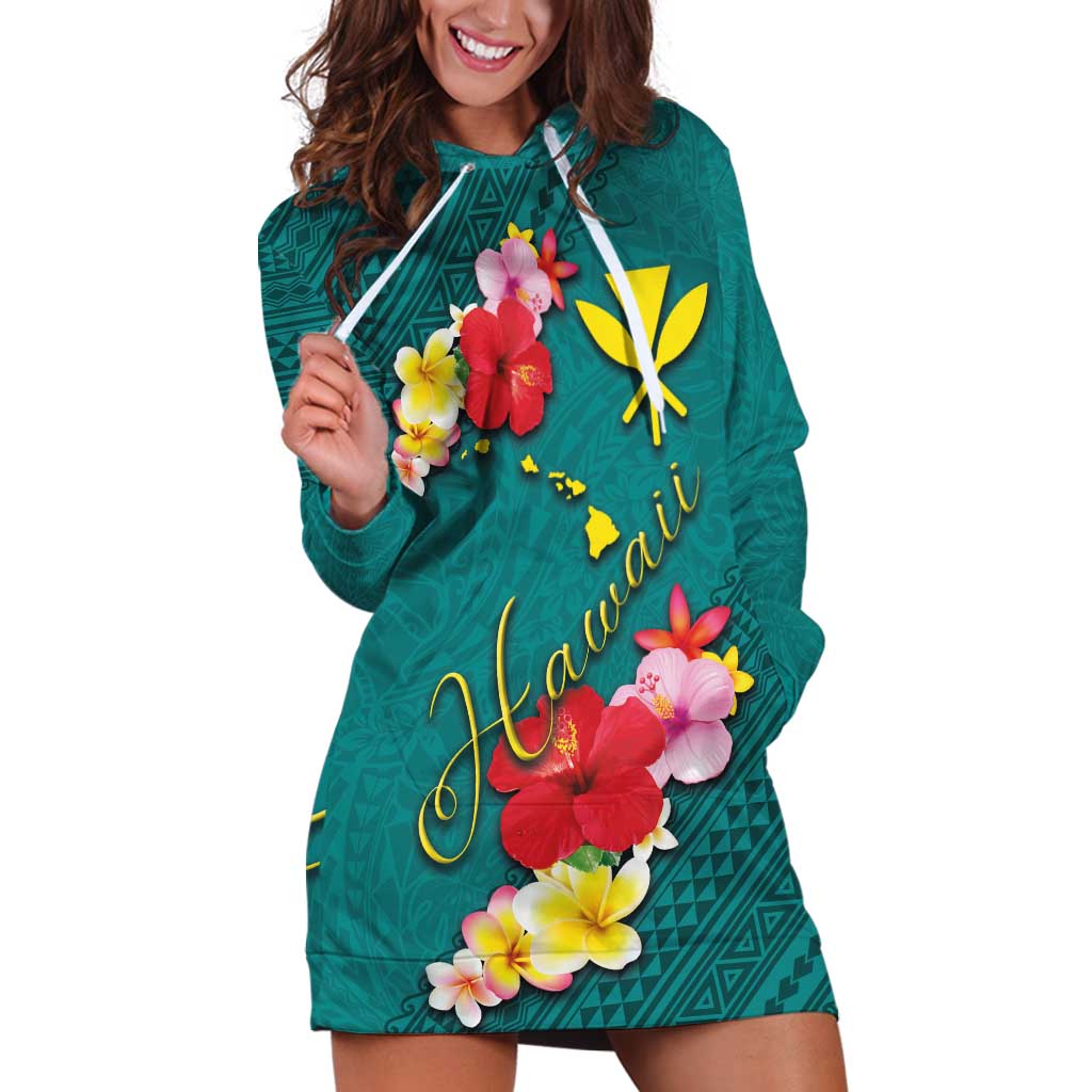 Aloha Kanaka Maoli Hawaii Flowers Hoodie Dress With Polynesian Pattern Teal Color LT03 Teal - Polynesian Pride