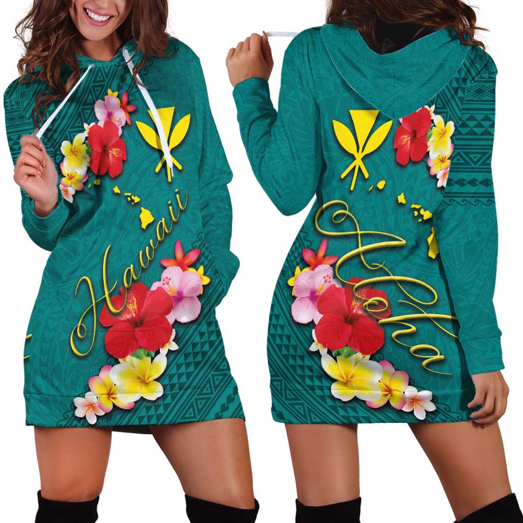 Aloha Kanaka Maoli Hawaii Flowers Hoodie Dress With Polynesian Pattern Teal Color LT03 - Polynesian Pride