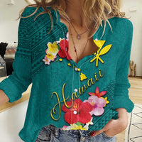 Aloha Kanaka Maoli Hawaii Flowers Women Casual Shirt With Polynesian Pattern Teal Color LT03 Female Teal - Polynesian Pride