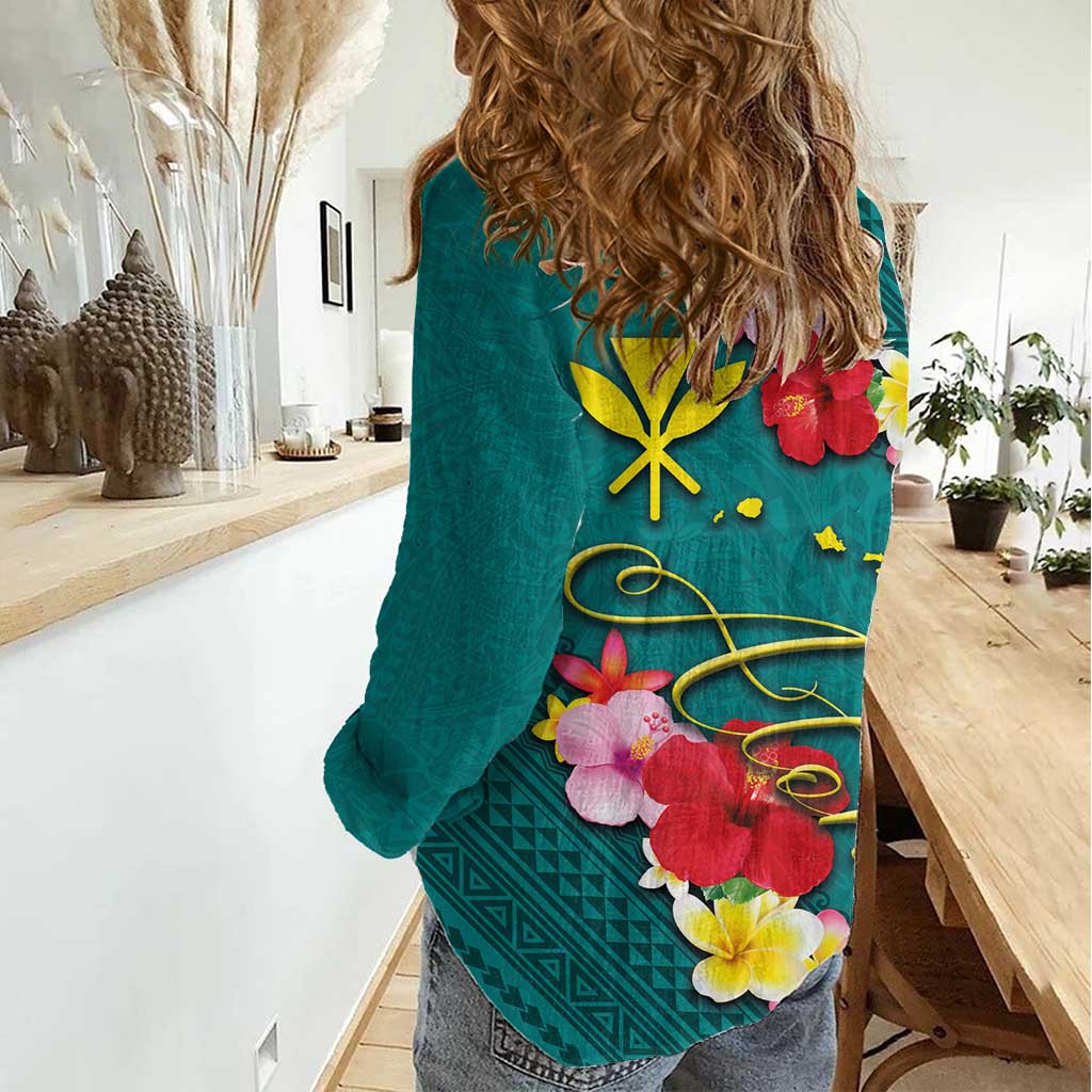 Aloha Kanaka Maoli Hawaii Flowers Women Casual Shirt With Polynesian Pattern Teal Color LT03 - Polynesian Pride