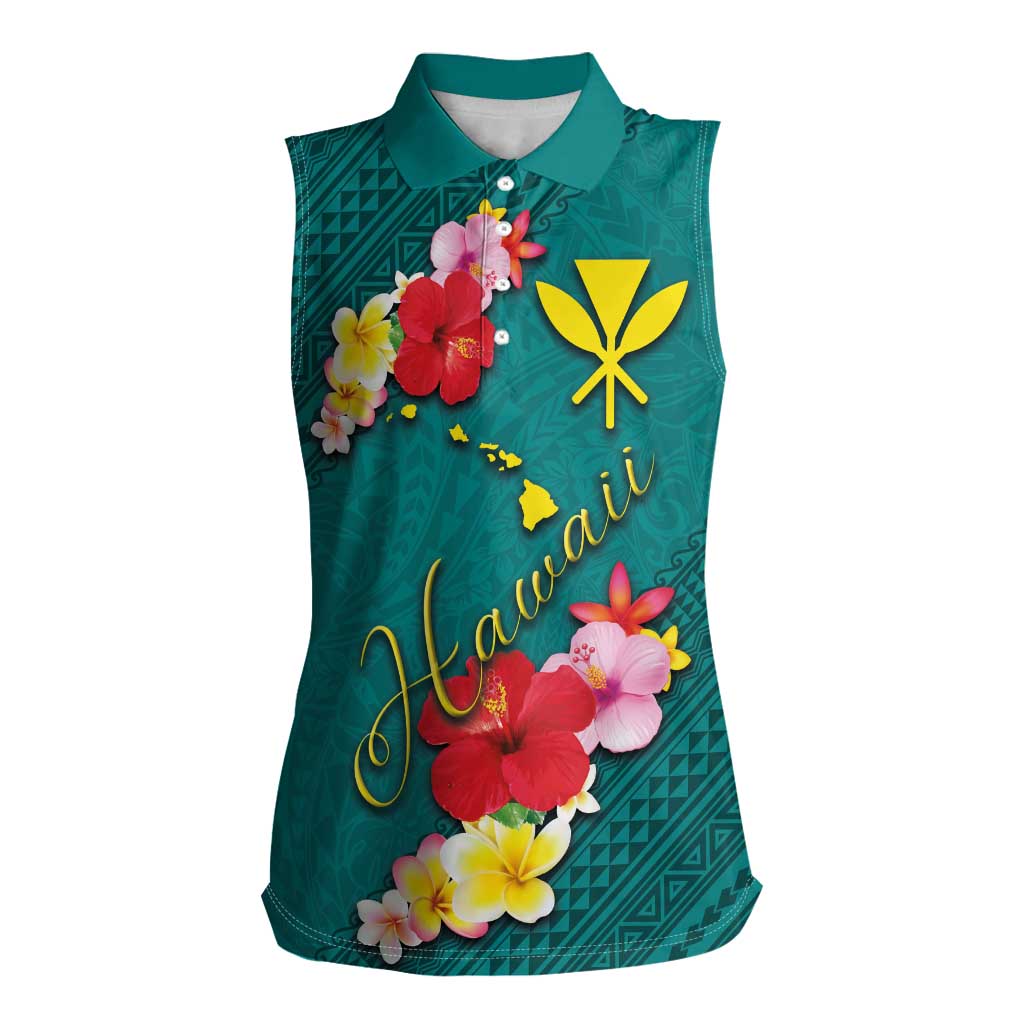 Aloha Kanaka Maoli Hawaii Flowers Women Sleeveless Polo Shirt With Polynesian Pattern Teal Color LT03 Female Teal - Polynesian Pride