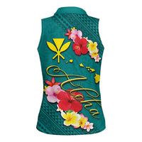 Aloha Kanaka Maoli Hawaii Flowers Women Sleeveless Polo Shirt With Polynesian Pattern Teal Color LT03 - Polynesian Pride