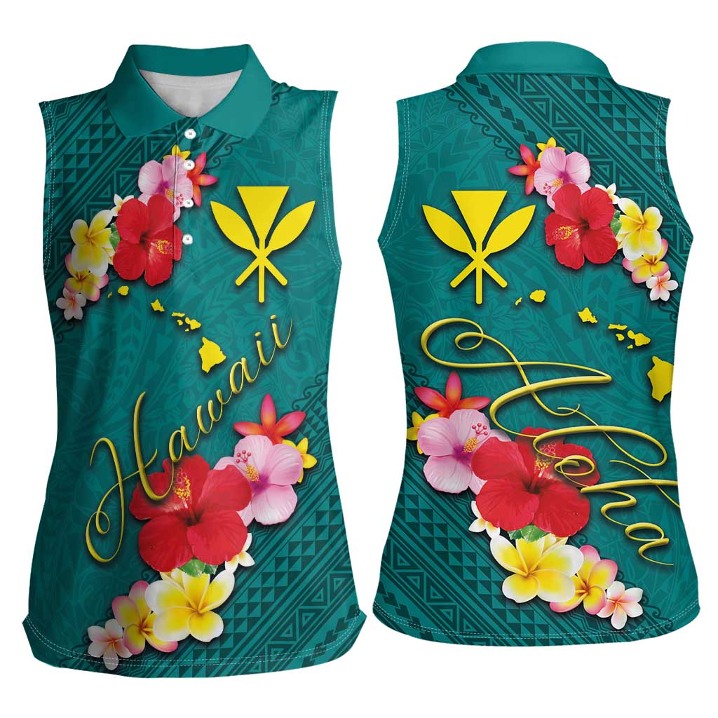 Aloha Kanaka Maoli Hawaii Flowers Women Sleeveless Polo Shirt With Polynesian Pattern Teal Color LT03 - Polynesian Pride