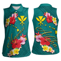 Aloha Kanaka Maoli Hawaii Flowers Women Sleeveless Polo Shirt With Polynesian Pattern Teal Color LT03 - Polynesian Pride