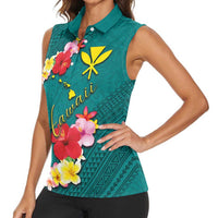 Aloha Kanaka Maoli Hawaii Flowers Women Sleeveless Polo Shirt With Polynesian Pattern Teal Color LT03 - Polynesian Pride