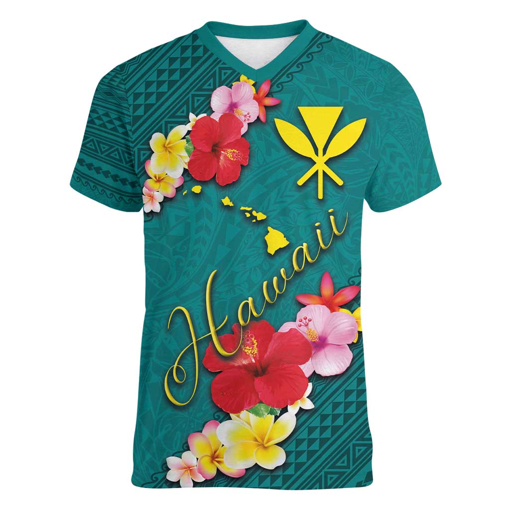 Aloha Kanaka Maoli Hawaii Flowers Women V-Neck T-Shirt With Polynesian Pattern Teal Color LT03 Female Teal - Polynesian Pride