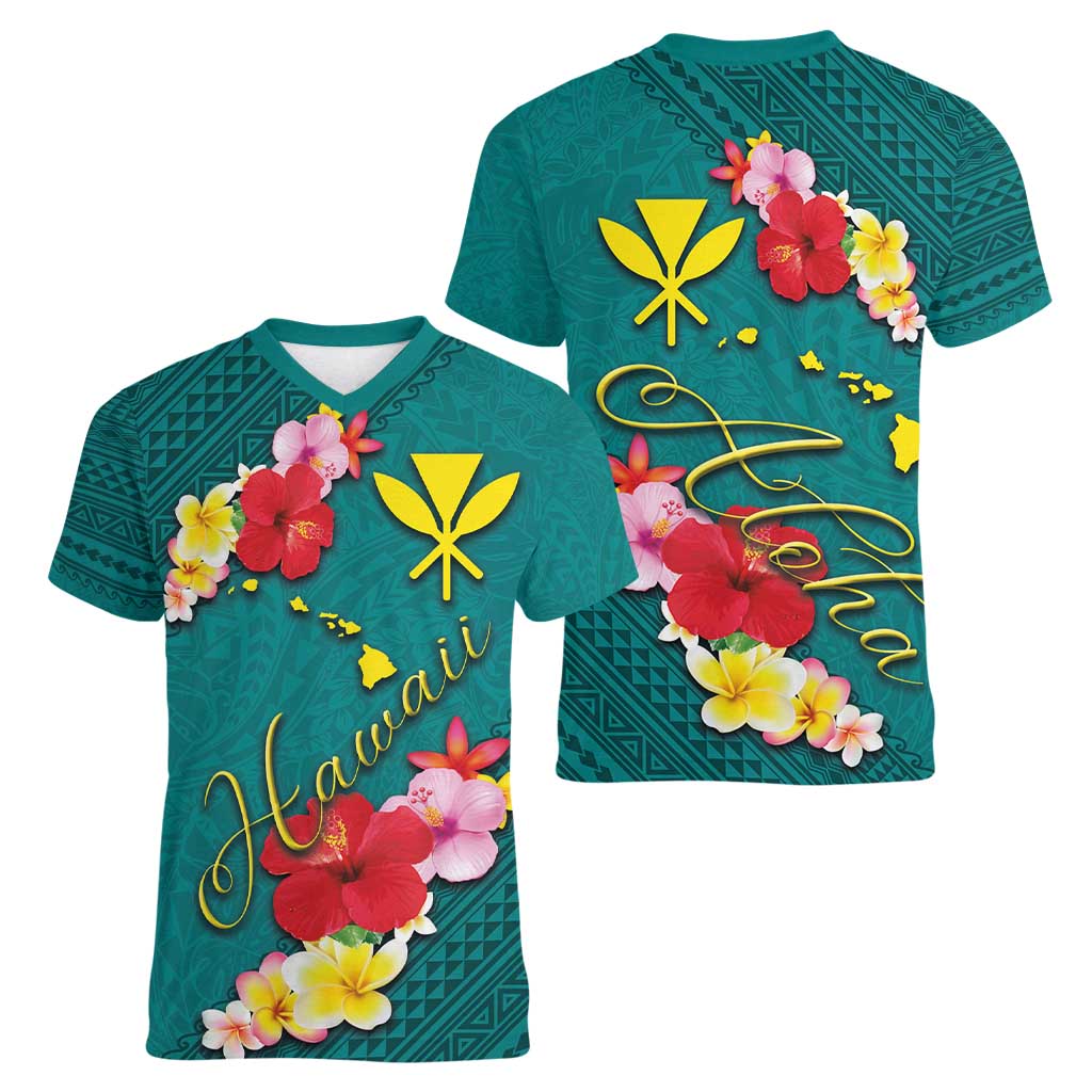 Aloha Kanaka Maoli Hawaii Flowers Women V-Neck T-Shirt With Polynesian Pattern Teal Color LT03 - Polynesian Pride