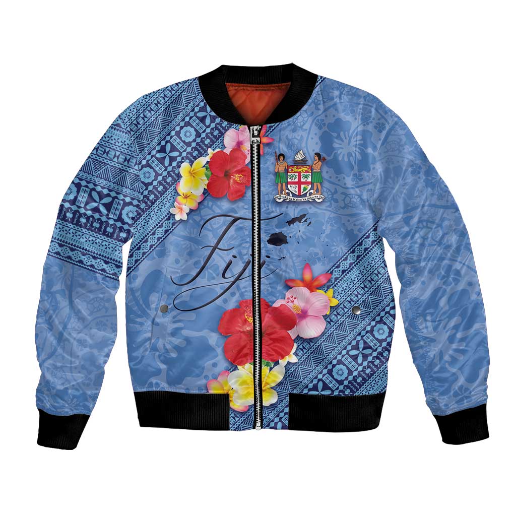 Bula Fiji Hibiscus and Plumeria Flowers Bomber Jacket Tapa Tattoo Polynesian Pattern LT03 Unisex Blue - Polynesian Pride