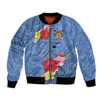 Bula Fiji Hibiscus and Plumeria Flowers Bomber Jacket Tapa Tattoo Polynesian Pattern LT03 Unisex Blue - Polynesian Pride