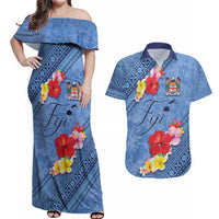 Bula Fiji Hibiscus and Plumeria Flowers Couples Matching Off Shoulder Maxi Dress and Hawaiian Shirt Tapa Tattoo Polynesian Pattern LT03 Blue - Polynesian Pride
