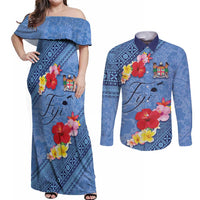 Bula Fiji Hibiscus and Plumeria Flowers Couples Matching Off Shoulder Maxi Dress and Long Sleeve Button Shirt Tapa Tattoo Polynesian Pattern LT03 Blue - Polynesian Pride