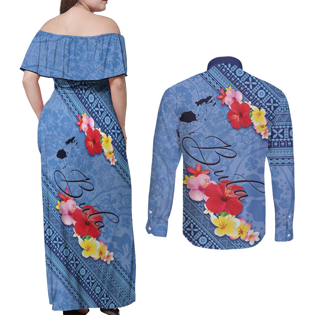 Bula Fiji Hibiscus and Plumeria Flowers Couples Matching Off Shoulder Maxi Dress and Long Sleeve Button Shirt Tapa Tattoo Polynesian Pattern LT03 - Polynesian Pride