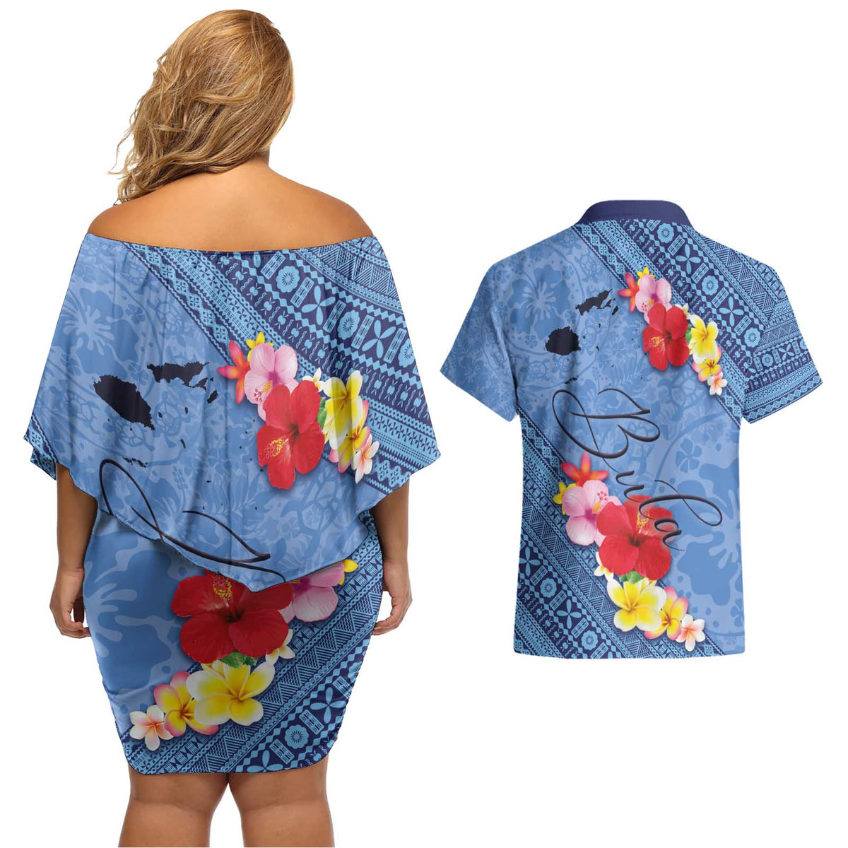 Bula Fiji Hibiscus and Plumeria Flowers Couples Matching Off Shoulder Short Dress and Hawaiian Shirt Tapa Tattoo Polynesian Pattern LT03 - Polynesian Pride