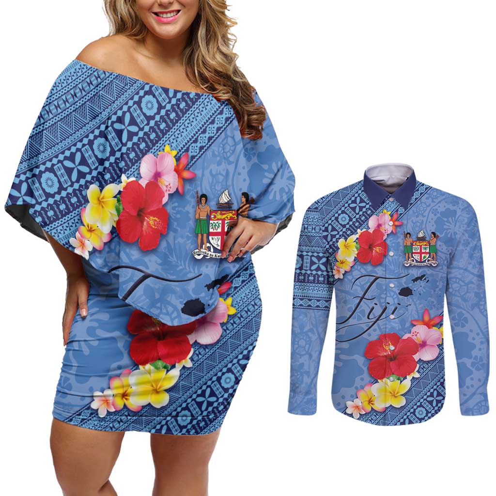 Bula Fiji Hibiscus and Plumeria Flowers Couples Matching Off Shoulder Short Dress and Long Sleeve Button Shirt Tapa Tattoo Polynesian Pattern LT03 Blue - Polynesian Pride