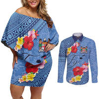 Bula Fiji Hibiscus and Plumeria Flowers Couples Matching Off Shoulder Short Dress and Long Sleeve Button Shirt Tapa Tattoo Polynesian Pattern LT03 Blue - Polynesian Pride