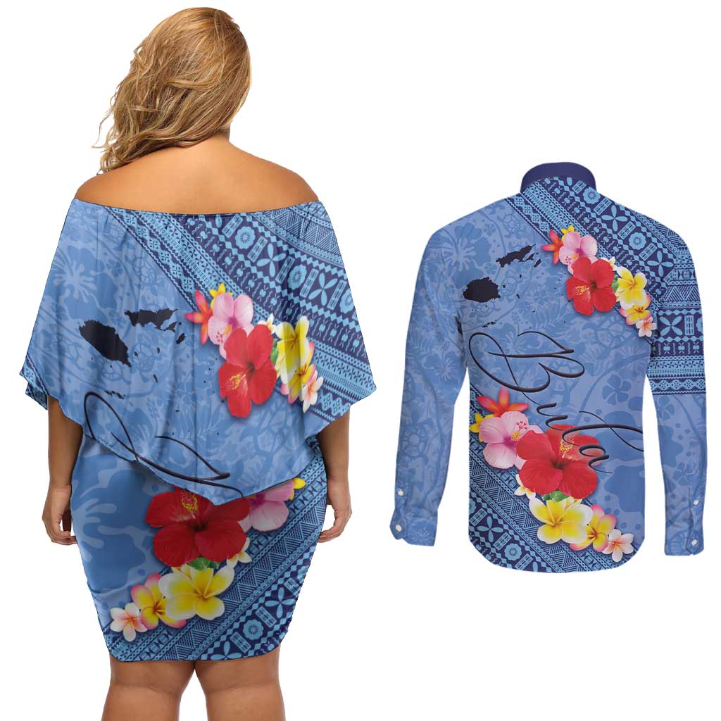 Bula Fiji Hibiscus and Plumeria Flowers Couples Matching Off Shoulder Short Dress and Long Sleeve Button Shirt Tapa Tattoo Polynesian Pattern LT03 - Polynesian Pride