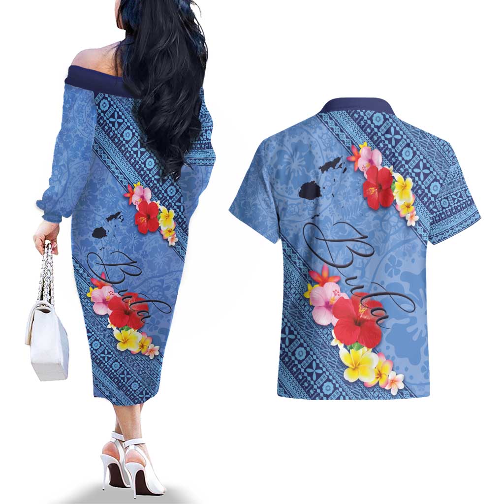 Bula Fiji Hibiscus and Plumeria Flowers Couples Matching Off The Shoulder Long Sleeve Dress and Hawaiian Shirt Tapa Tattoo Polynesian Pattern LT03 - Polynesian Pride