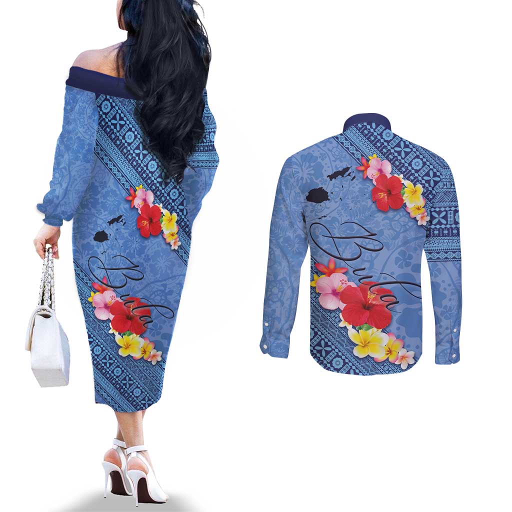 Bula Fiji Hibiscus and Plumeria Flowers Couples Matching Off The Shoulder Long Sleeve Dress and Long Sleeve Button Shirt Tapa Tattoo Polynesian Pattern LT03 - Polynesian Pride